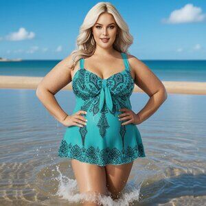 Plus Teal Green Paisley Print 2Pc Swimdress Set Wide Strap Womens 16 Swimwear